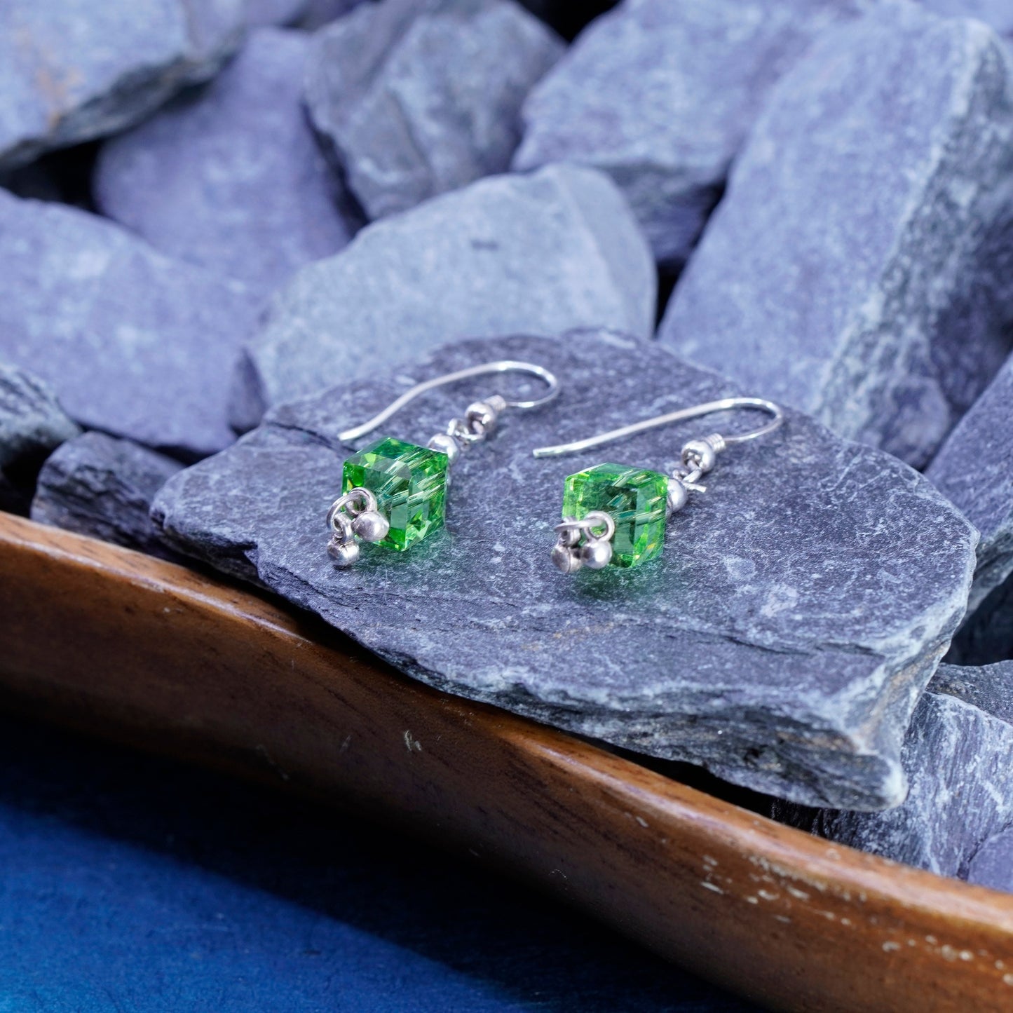 Vintage sterling 925 silver earrings with green cz dangles