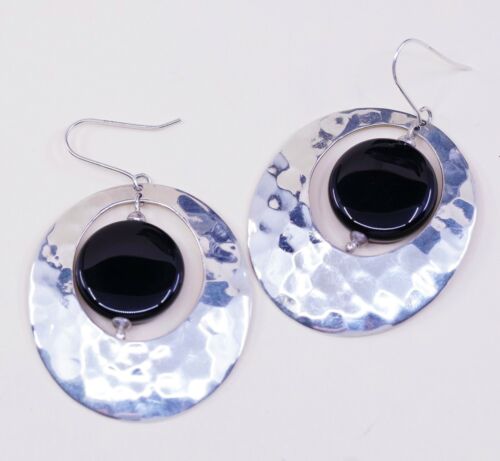 Vintage Sterling Silver Handmade Earrings, 925 Huge Hammered Circle W/ Obsidian