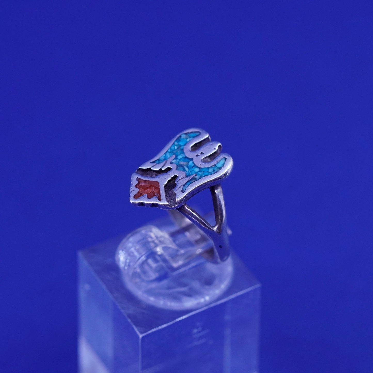 Size 4.25, Native American sterling silver ring, 925 bird turquoise and coral