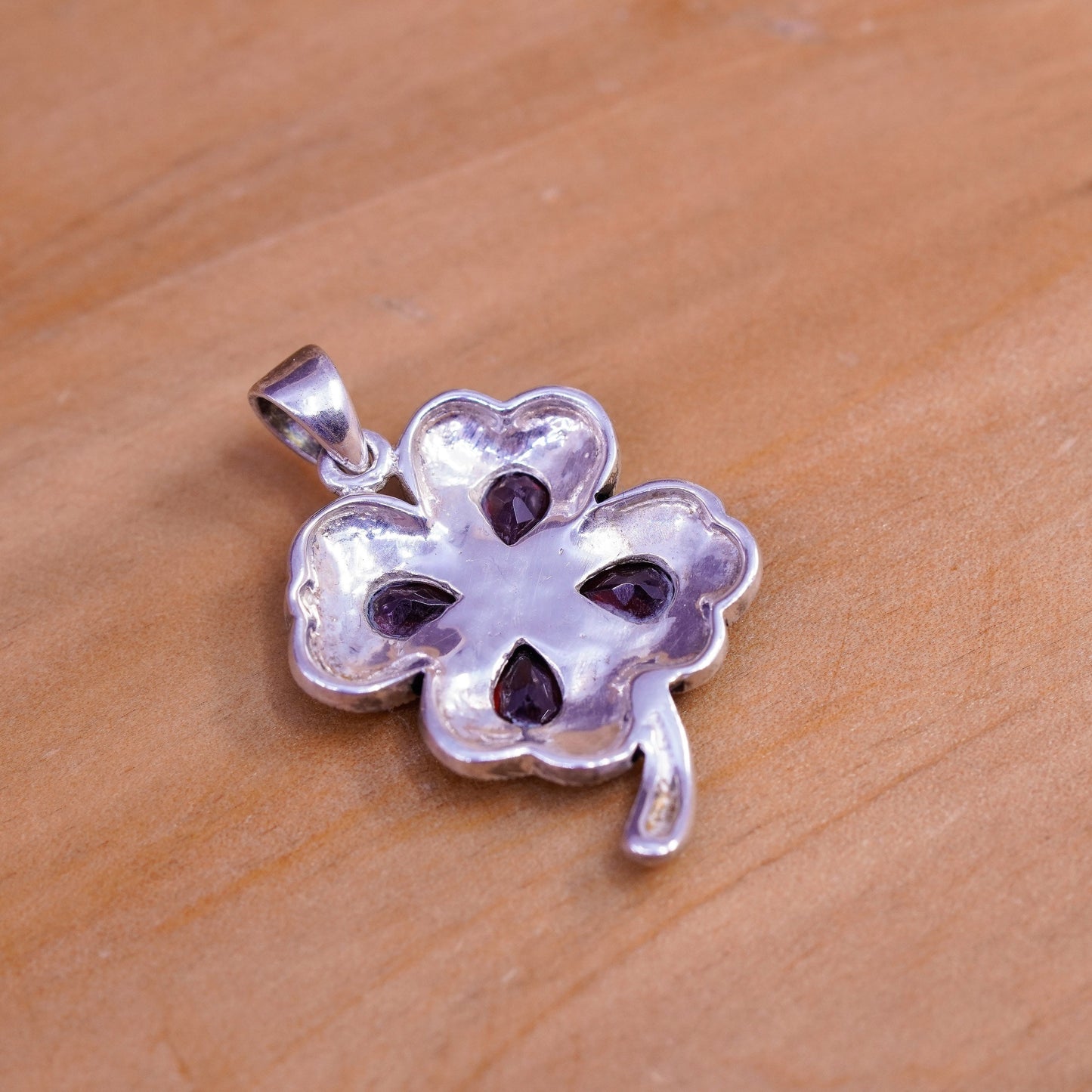Sterling 925 Silver Handmade lucky four leaves clover Pendant ruby marcasite