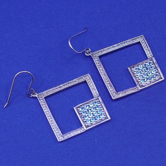 Vintage Sterling silver earrings, 925 square with cluster blue cz