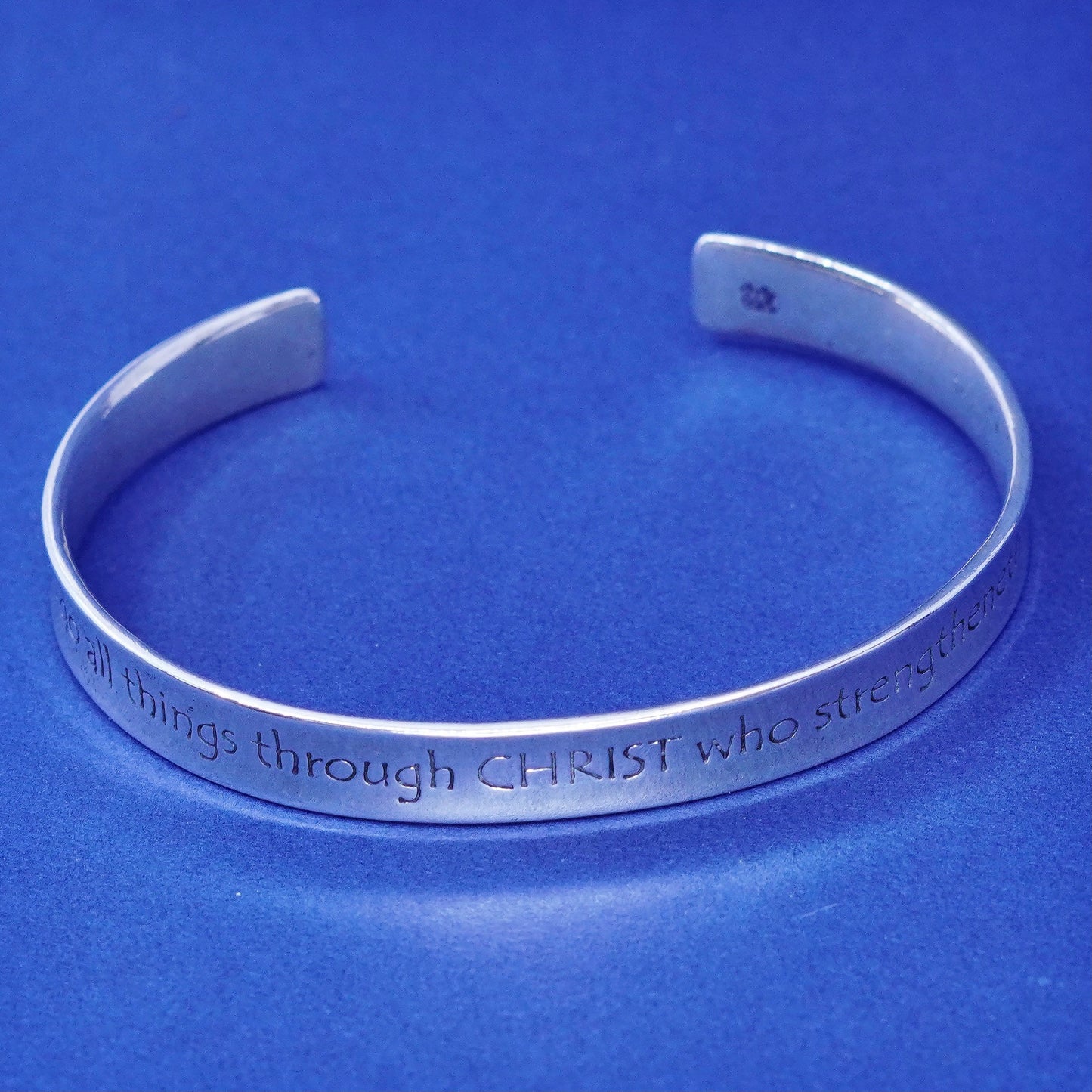 6.75”, vtg Philippians 4 13 sterling silver handmade bracelet, quote 925 cuff