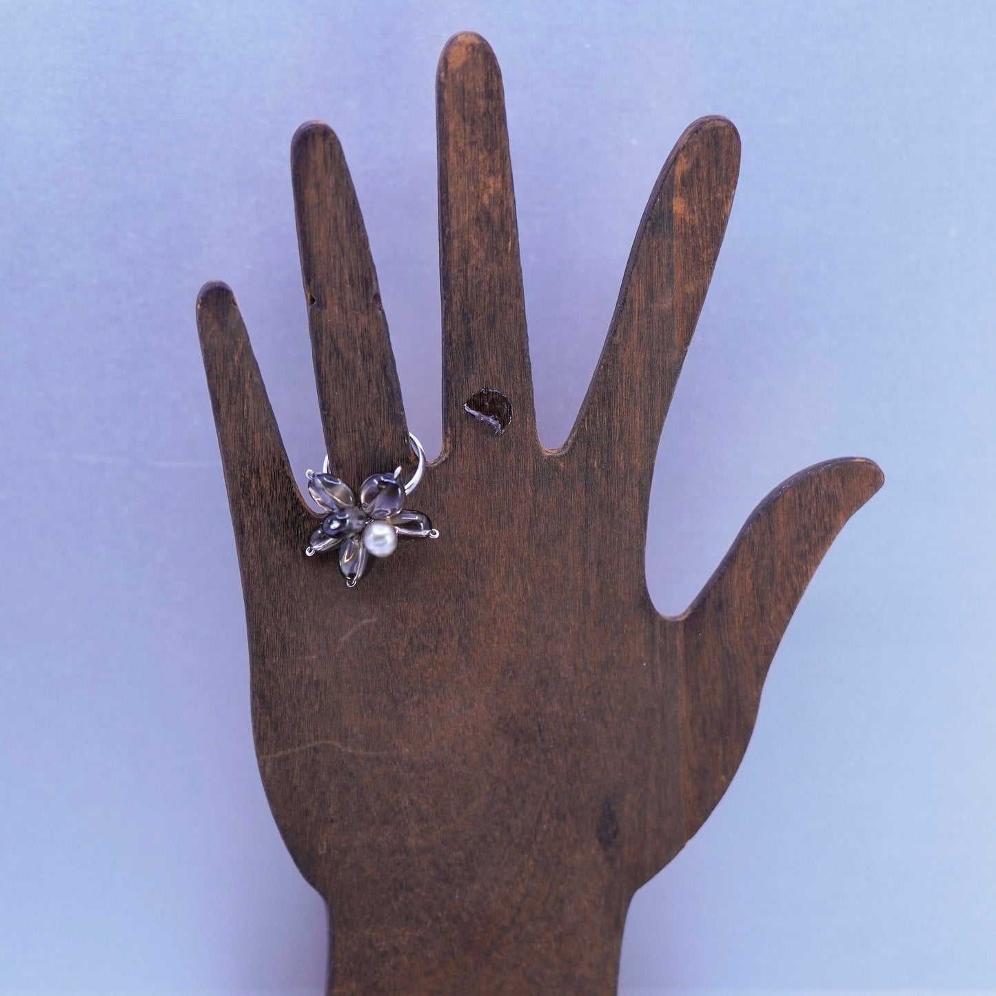Size 7, vintage Sterling 925 silver handmade ring with pearl and smoky quartz