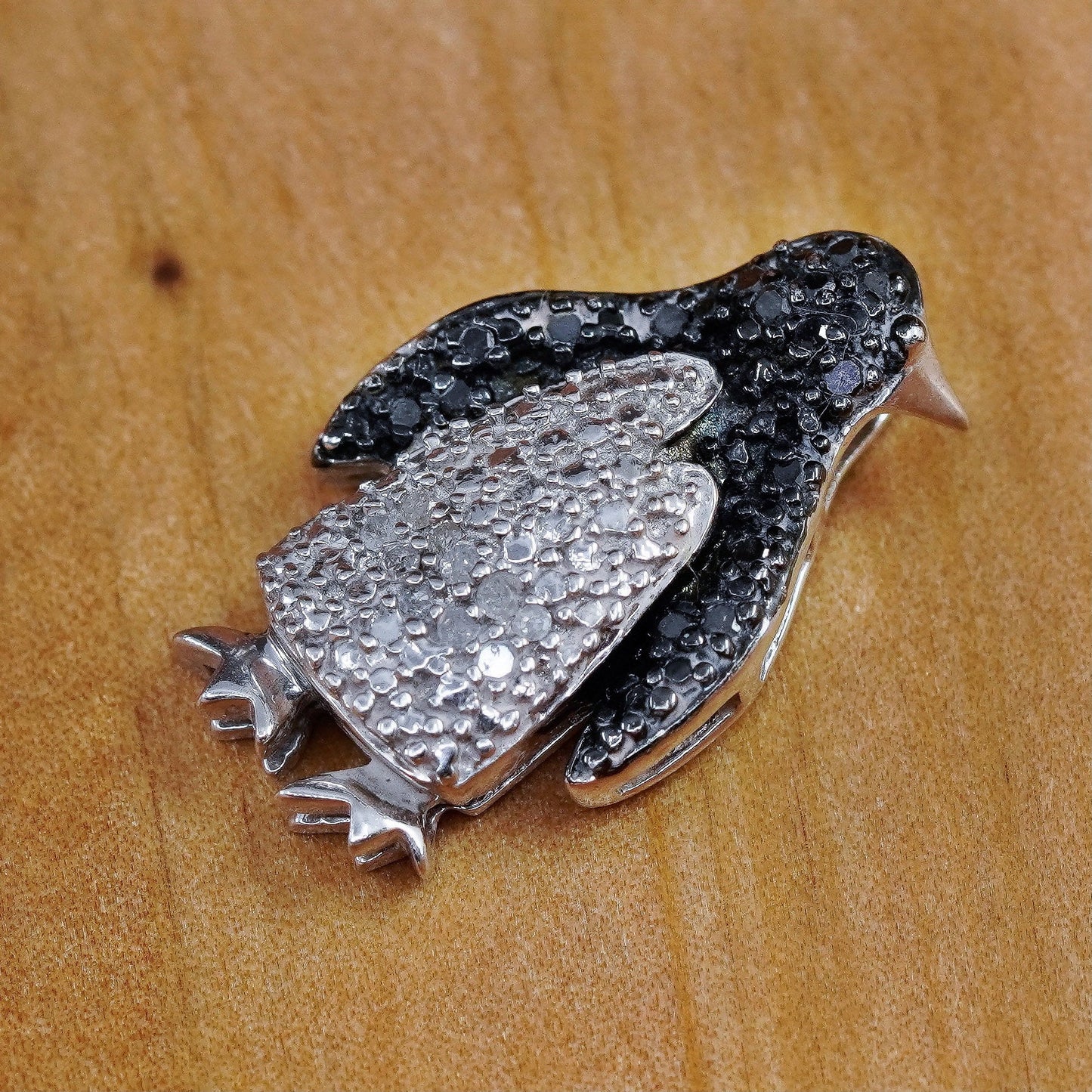 Vintage Sterling silver handmade pendant, 925 penguin with diamond