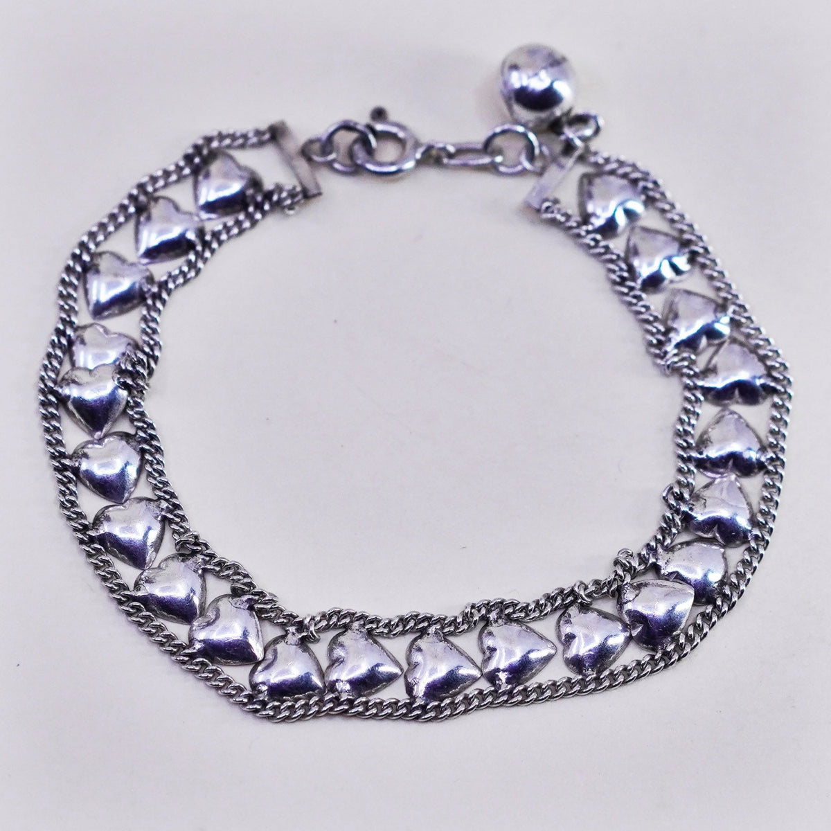 6.75”, Vintage sterling silver bracelet, 925 heart chain with chime bell charms