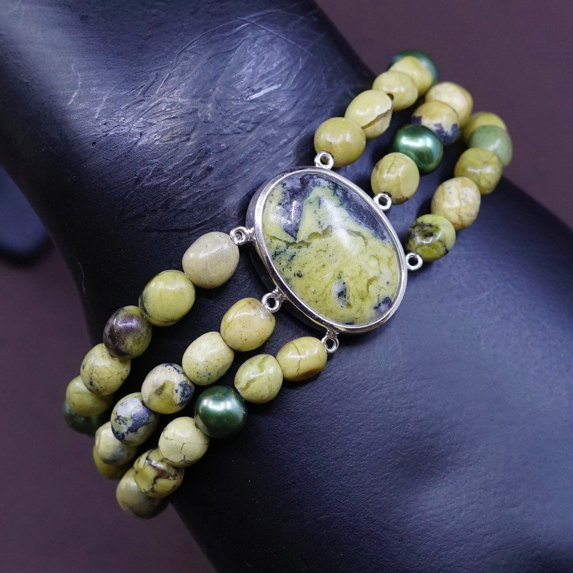 7” vtg sterling 925 silver handmade bracelet, green beads elastic band