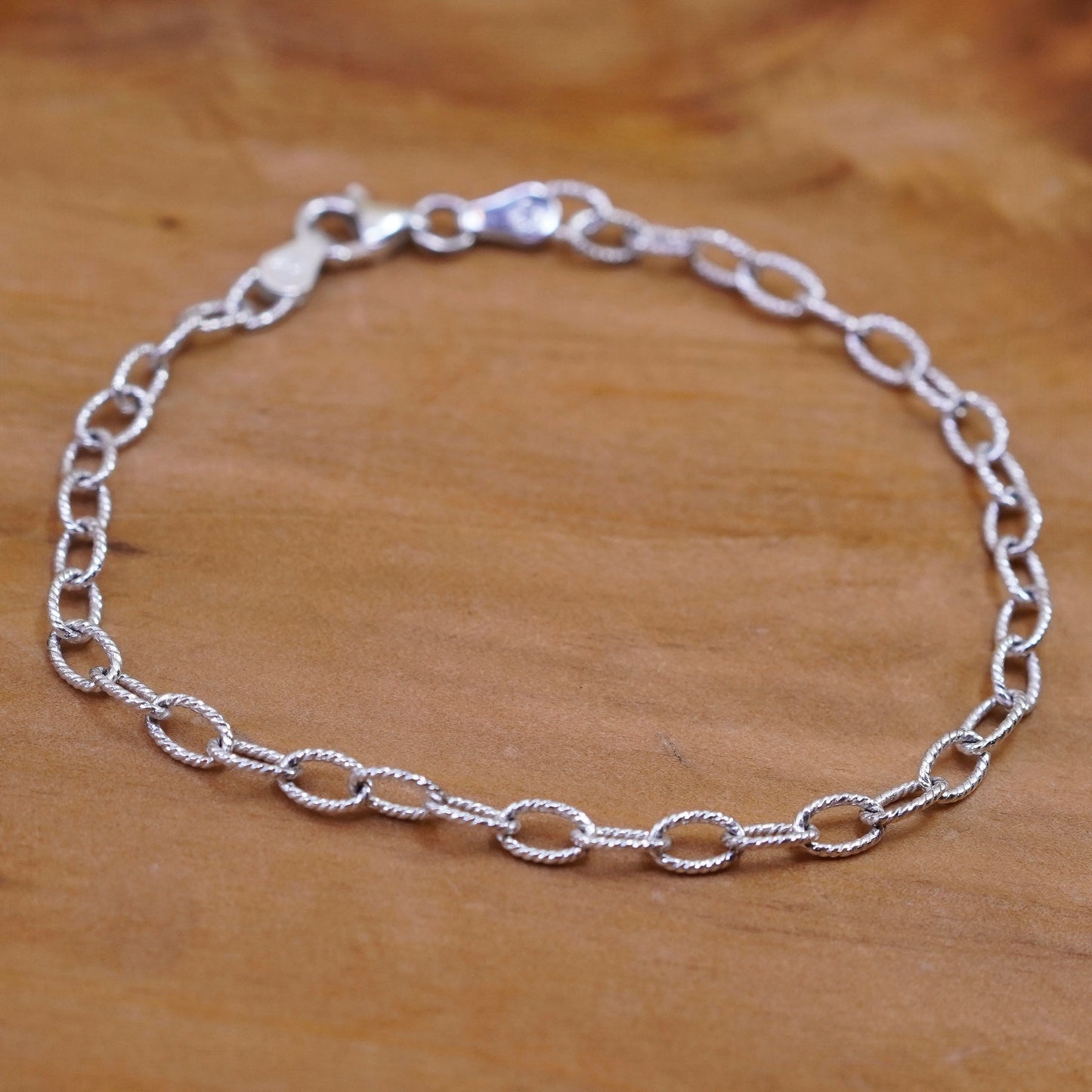7.25” 4mm, vintage Sterling silver handmade bracelet, textured 925 oval links