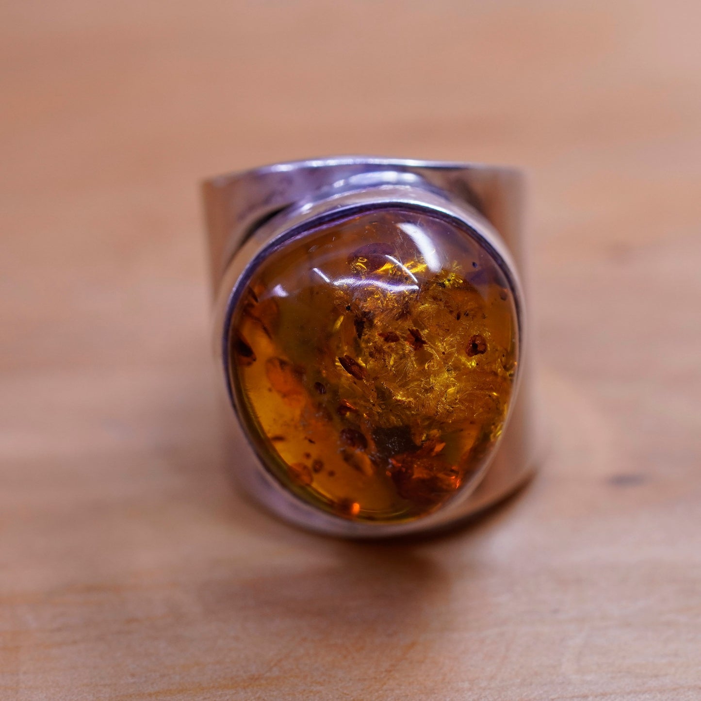 Size 8.5, vintage Sterling 925 silver handmade modern statement ring with amber