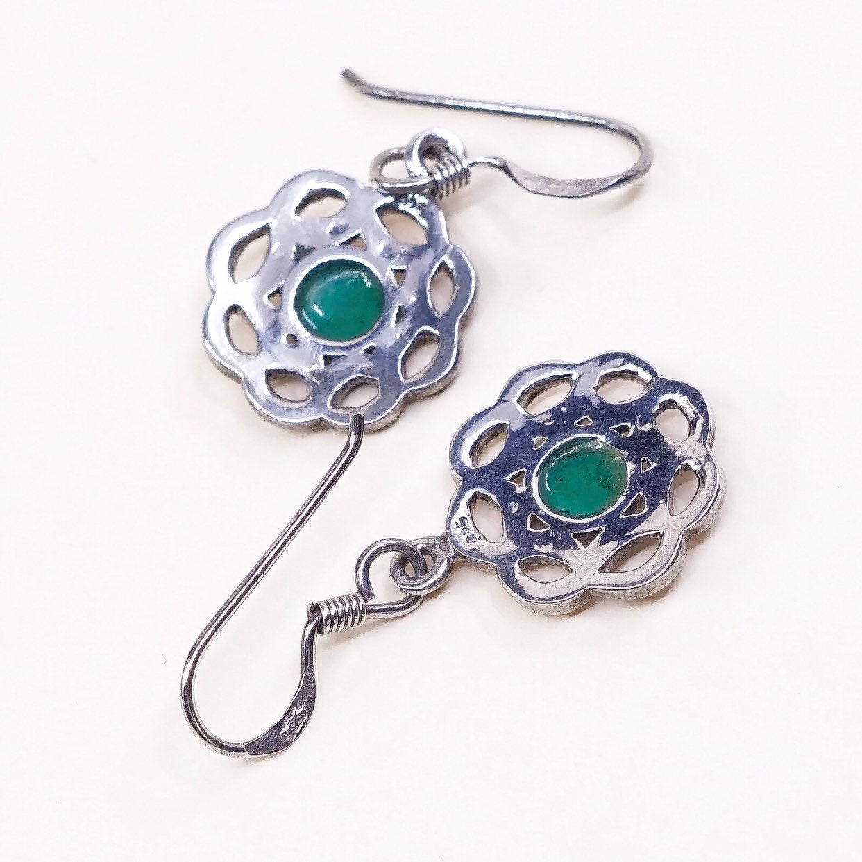 Irish Sterling silver handmade earrings, 925 whirl waves dangles n jade