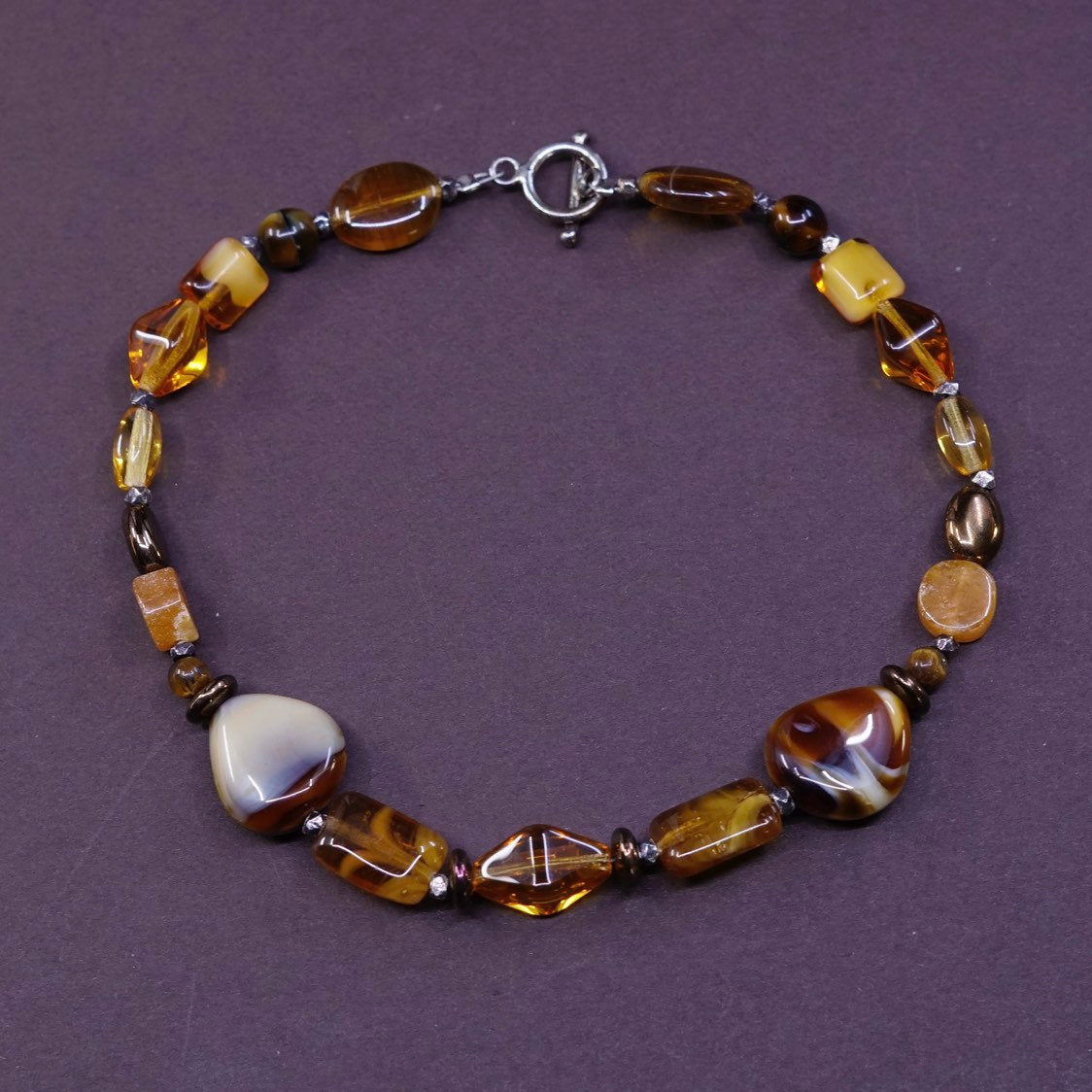 9.25", vtg Sterling silver handmade bracelet, 925 toggle closure w/ Amber