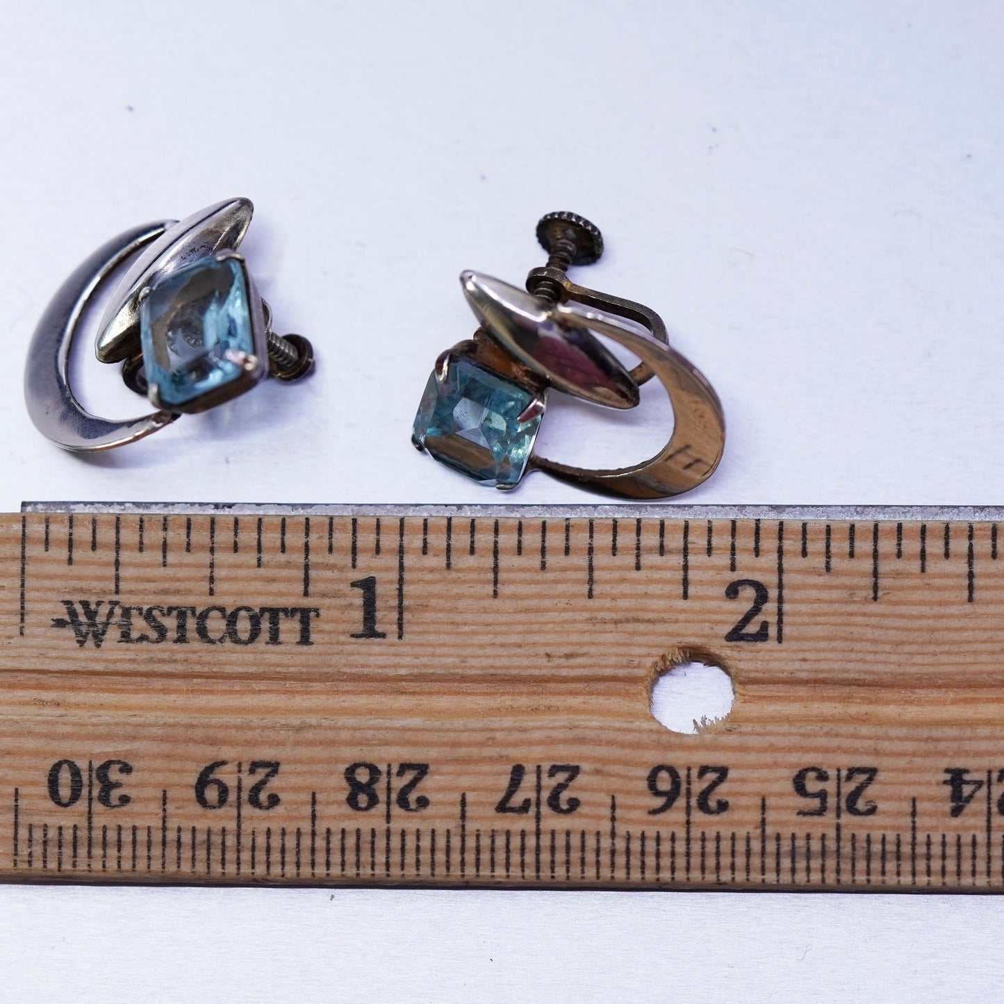 Vintage Sterling 925 silver handmade earrings, screw back moon blue rhinestone