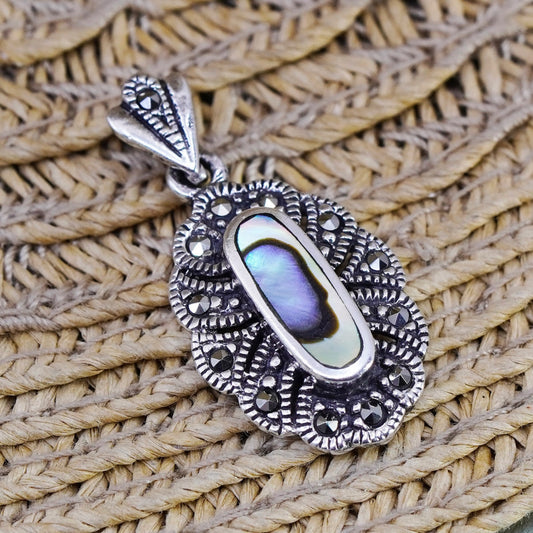 Vintage Sterling 925 silver handmade pendant with abalone and marcasite