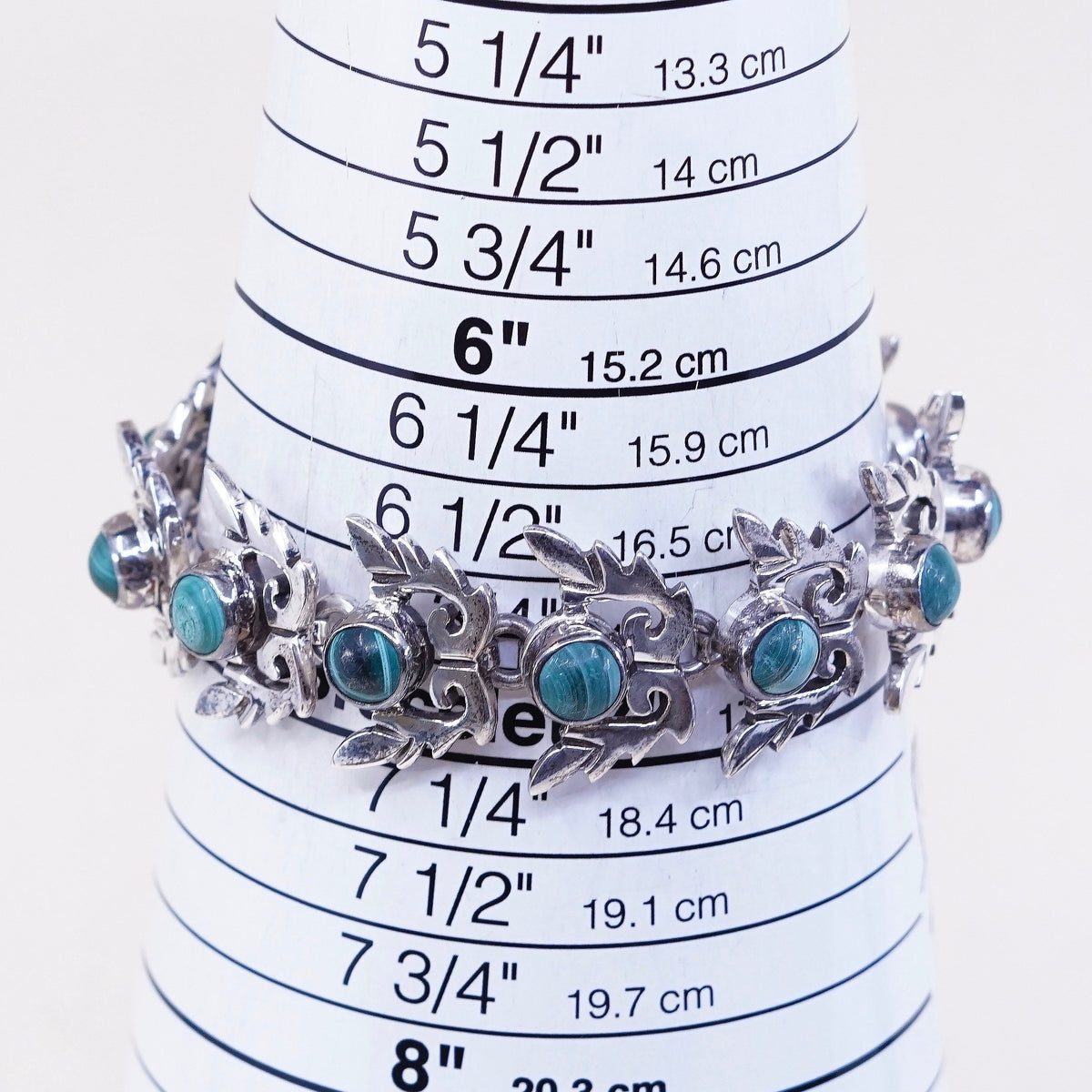 7”, VTG Sterling silver handmade bracelet, Mexico 950 w/ green malachite