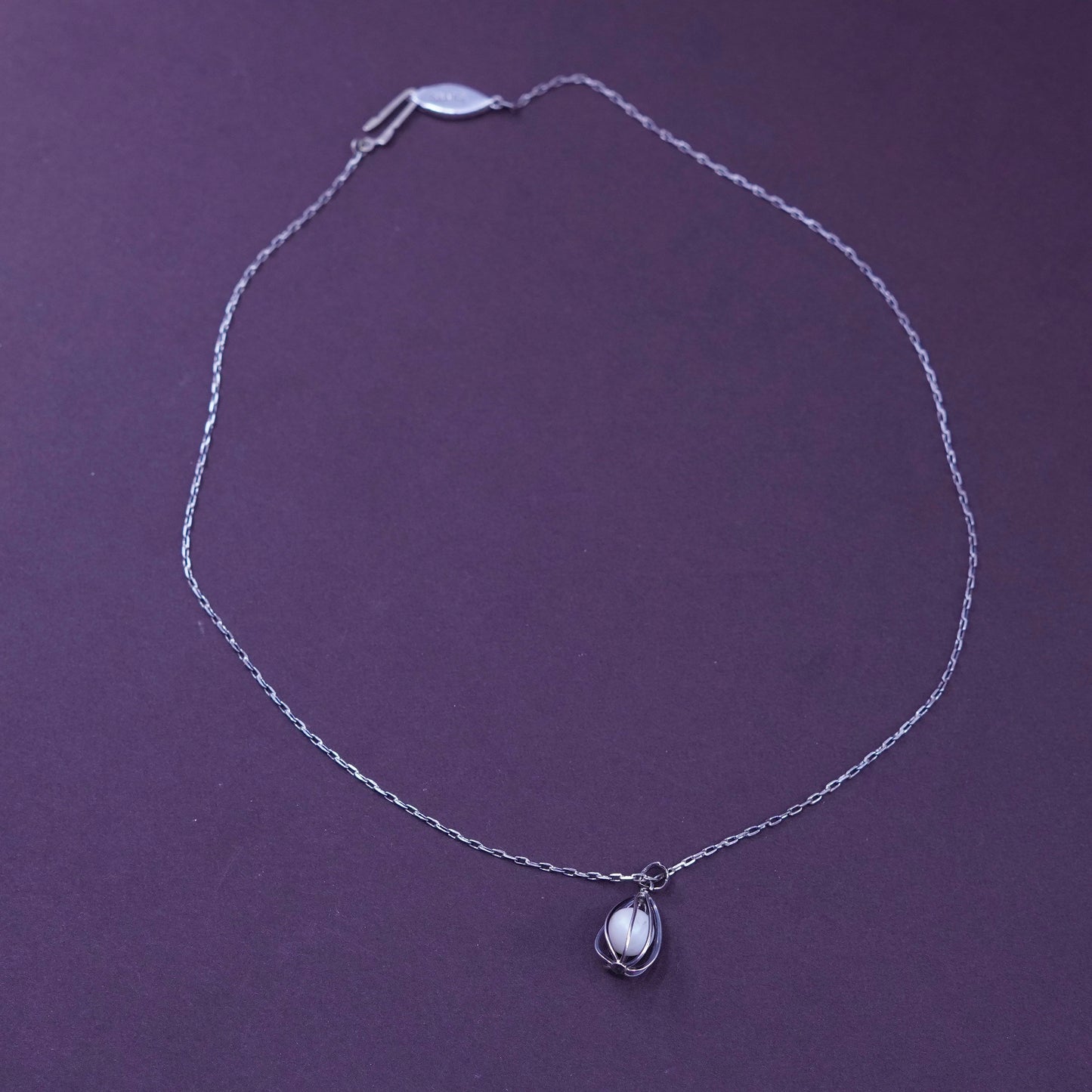 16”, Sterling silver handmade necklace, 925 elongated chain pearl cage pendant
