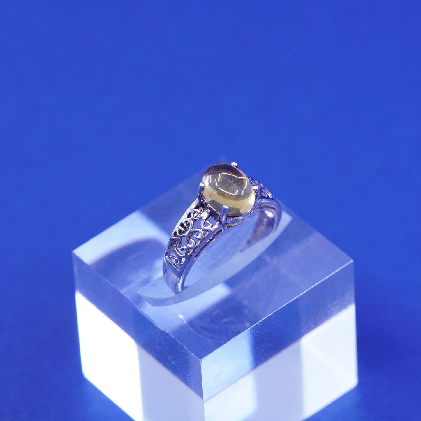 Size 7.25, vintage sterling 925 silver handmade filigree ring w/ yellow citrine
