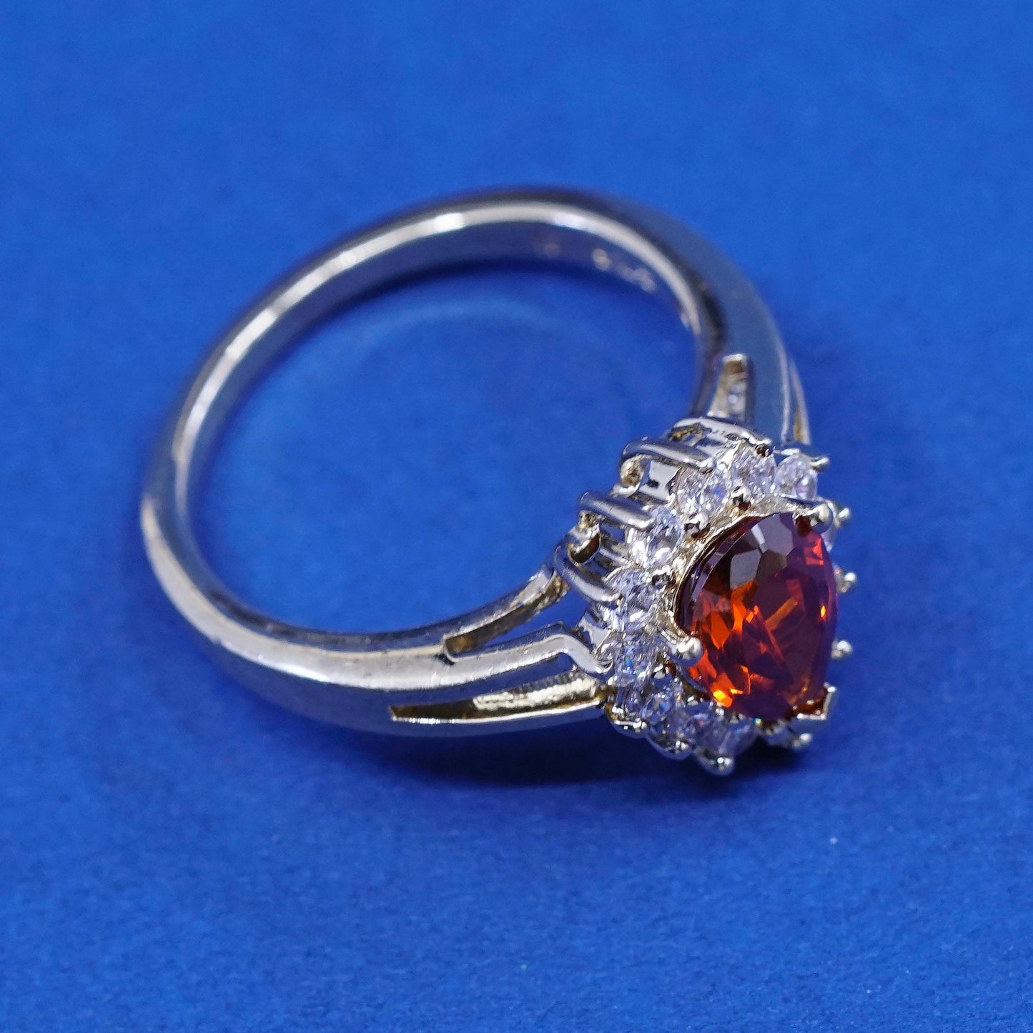 Size 7, vtg vermeil gold over sterling 925 silver ring w/ teardrop ruby N Cz