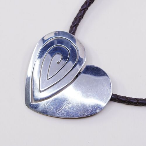 14+3” Vtg Sterling 925 Silver Heart Pendant Woven Leather Necklace Choker Collar