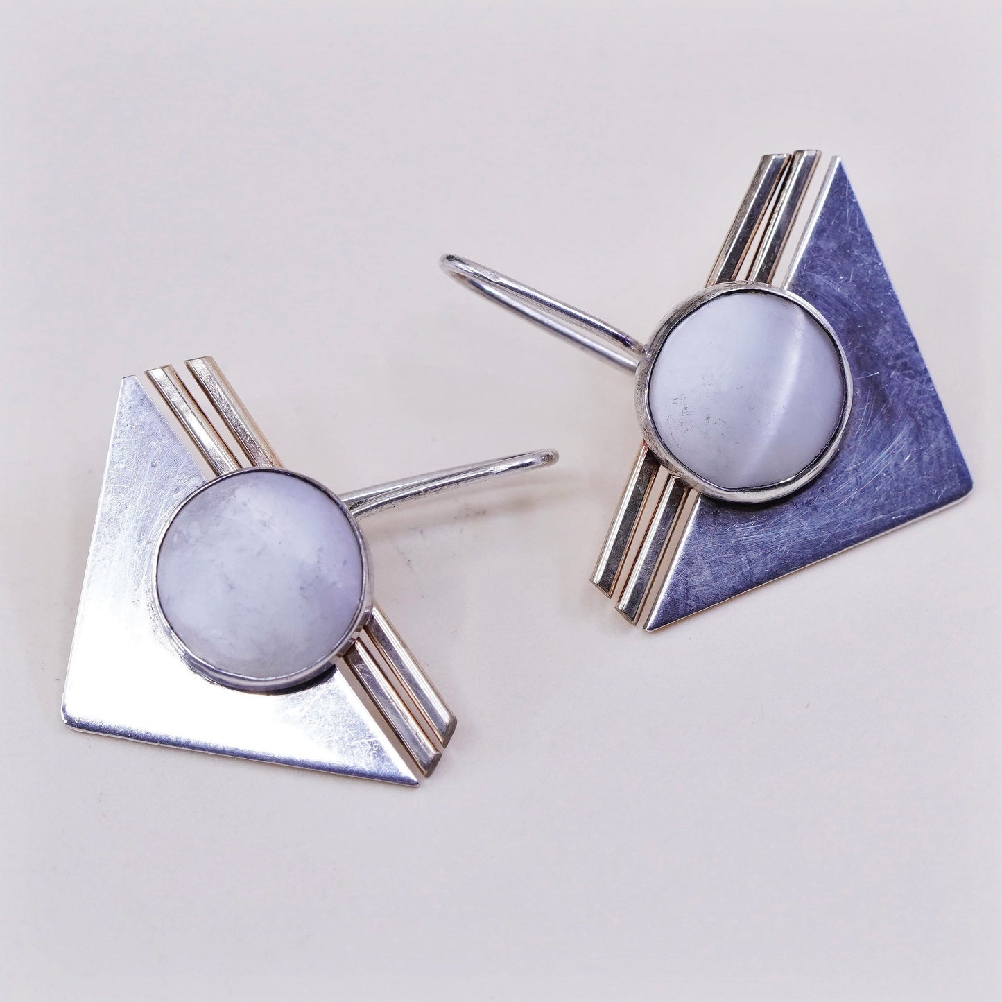 PJP gold filled sterling silver earrings, modern 925 disc w/ mother of pearl