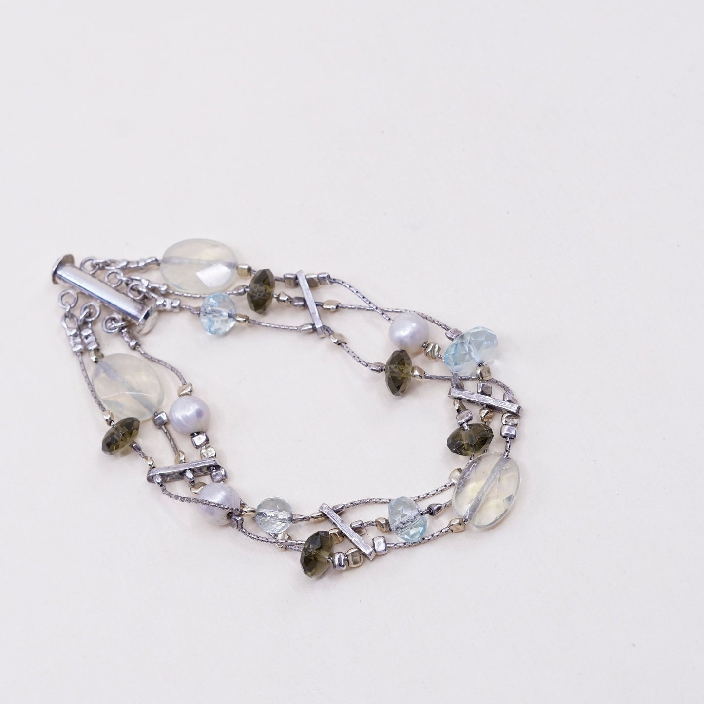 7”, Vintage Sterling 925 silver handmade bracelet, pearl with crystal topaz