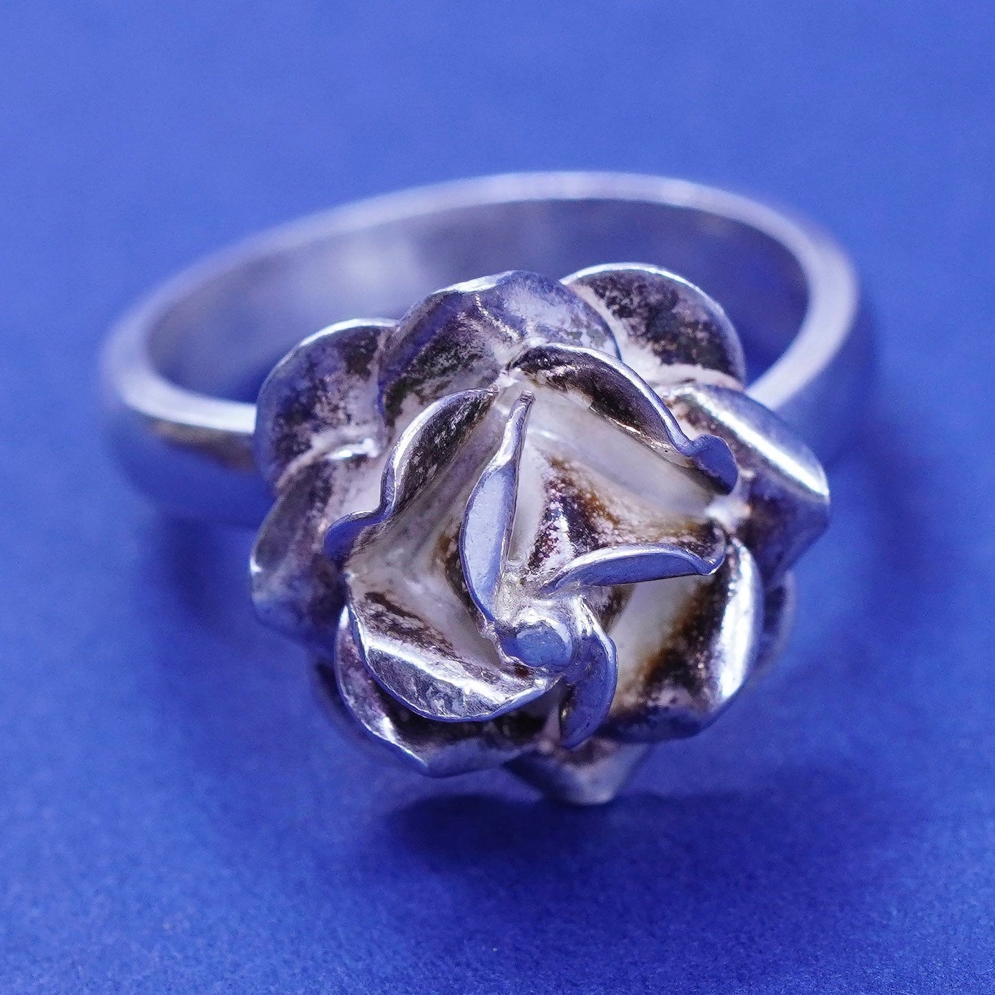Size 7.5, vintage Sterling silver handmade ring, Mexico 925 rose flower ring