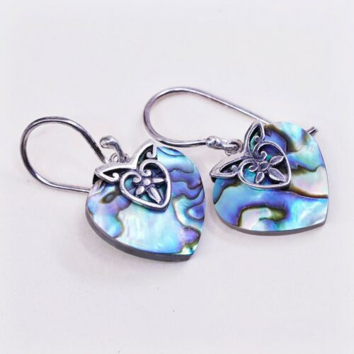 Vtg ATI Indonesia Sterling Silver Handmade Earrings, 925 Heart abalone