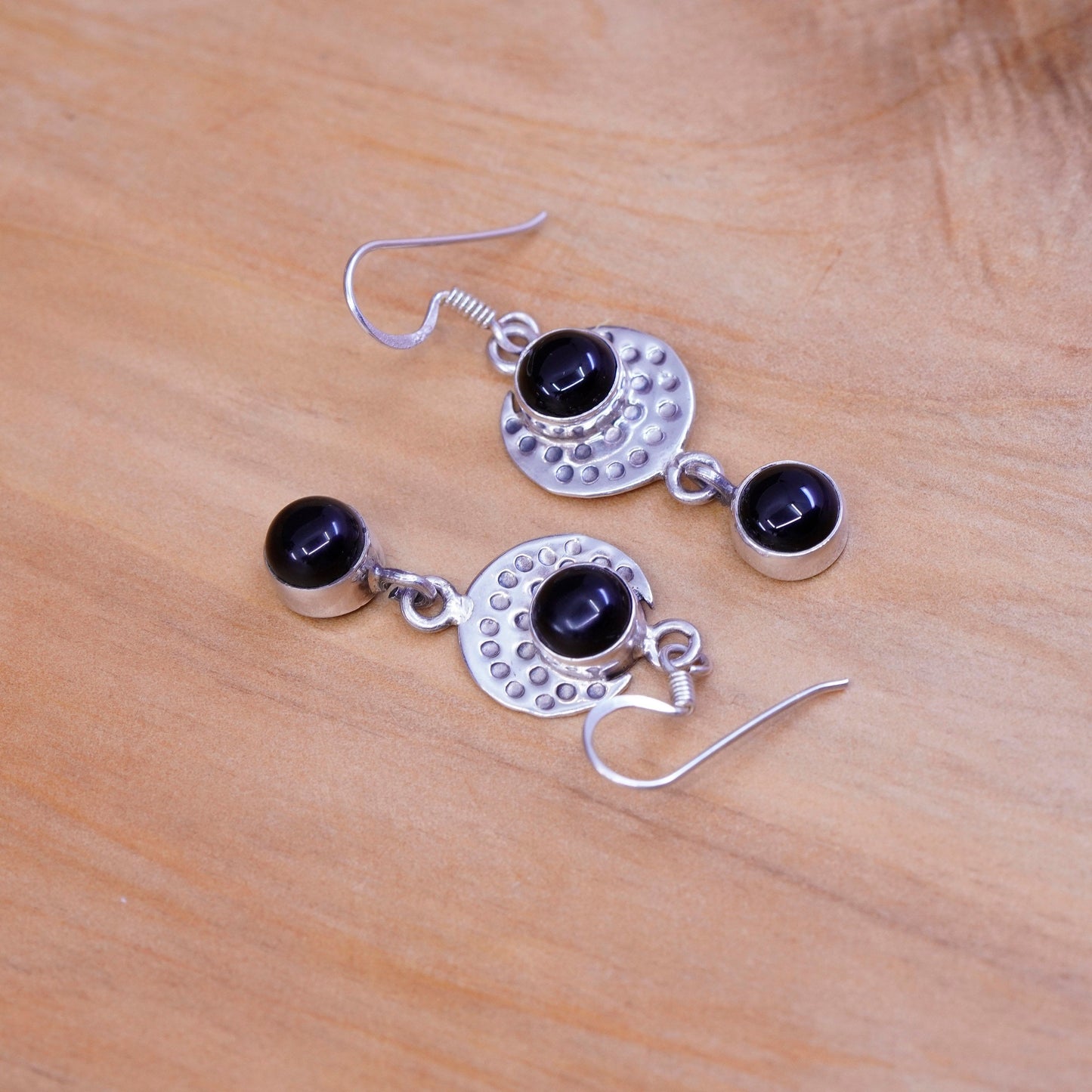 vtg handmade sterling silver earrings, 925 hammered disc with obsidian dangles