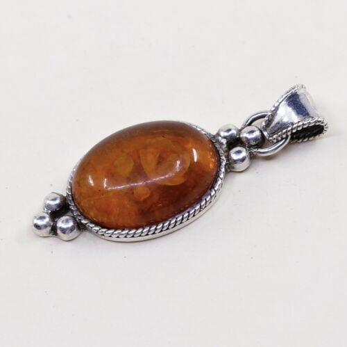 Vtg Sterling 925 Silver Handmade Beads Unique Amber Engraved Flower Pensant