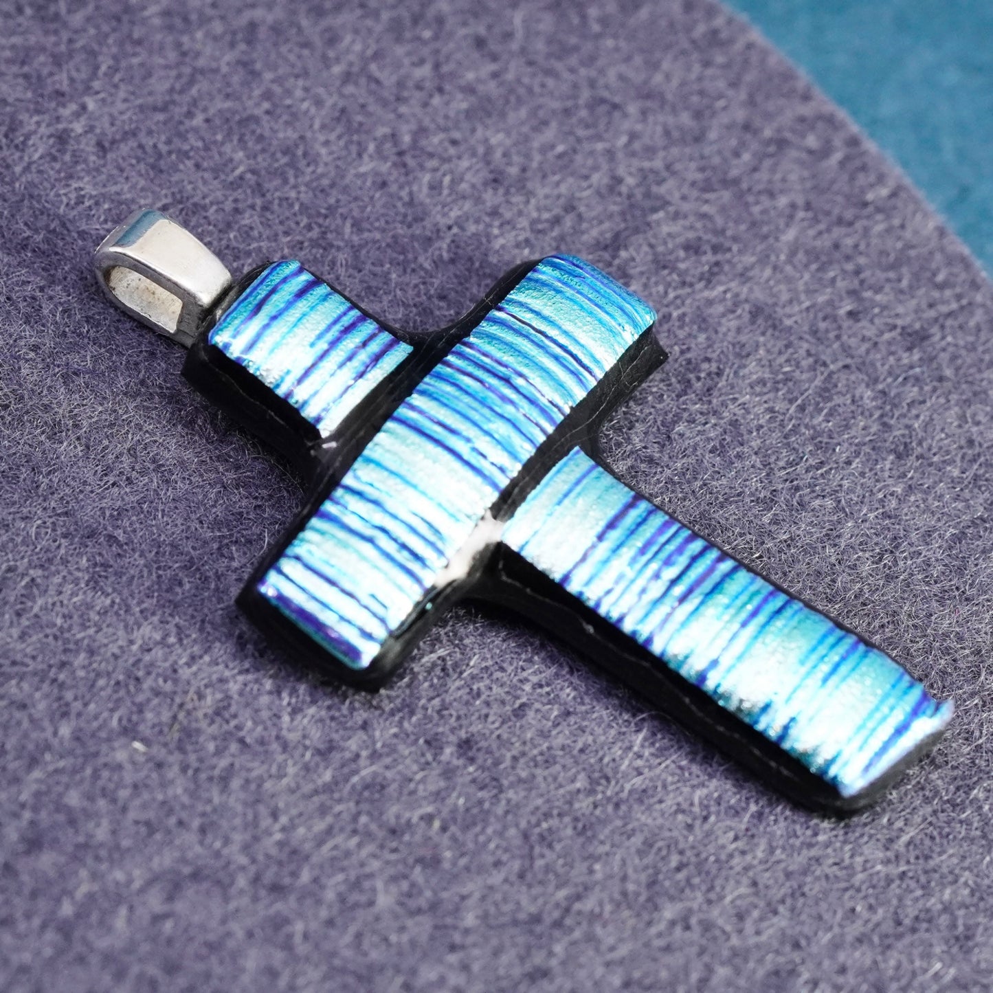 Vintage sterling 925 silver handmade pendant with blue dichroic glass cross