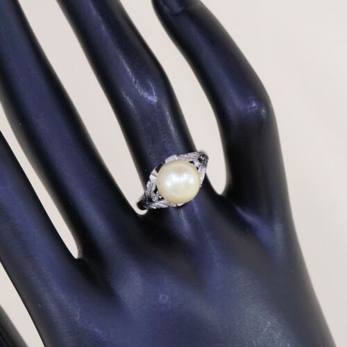 Sz 6.25, Vtg Sterling Silver Handmade Ring w/ Golden Faux Pearl, Stamped 925