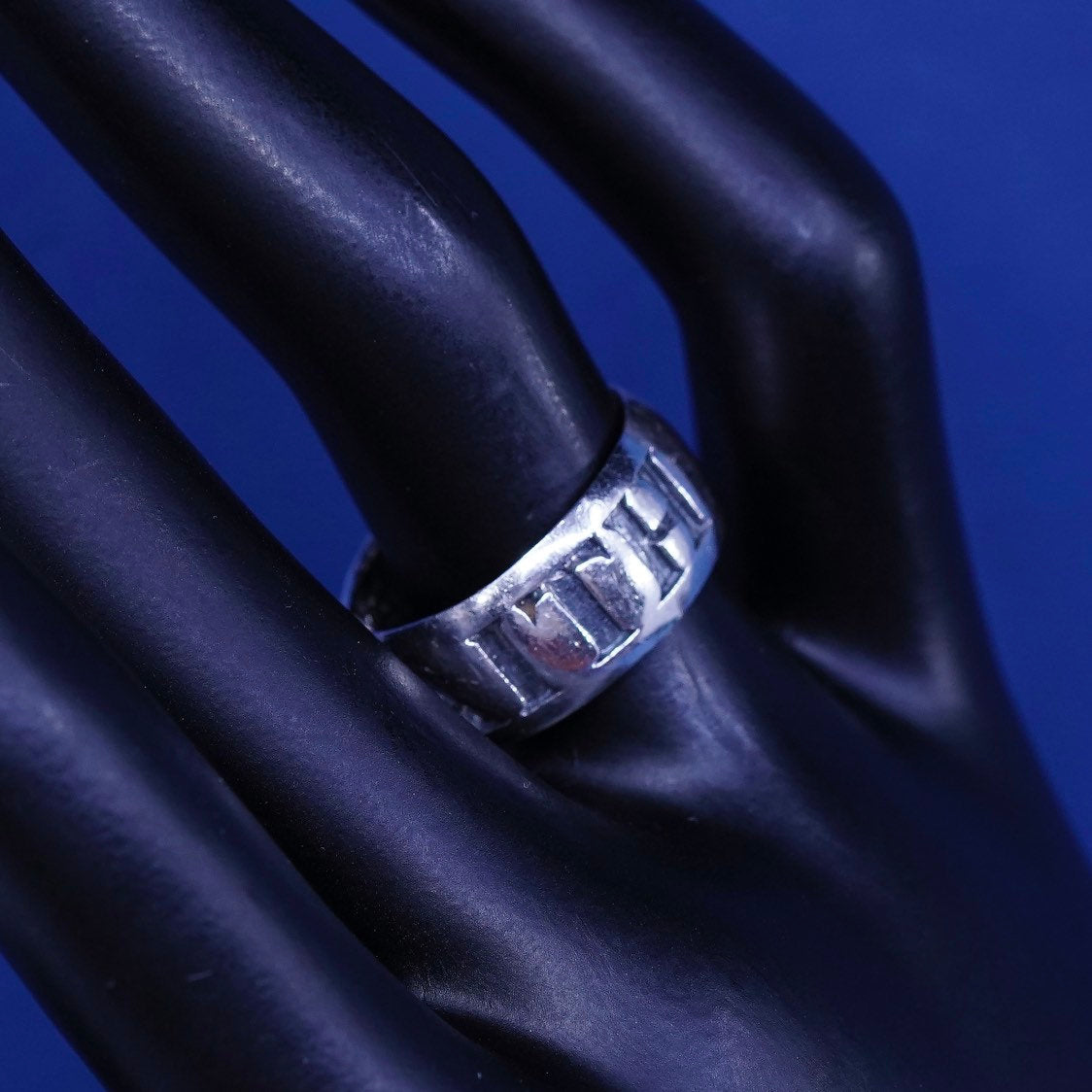 sz 6.75, vtg CF sterling silver handmade ring, 925 band w/ faith embossed