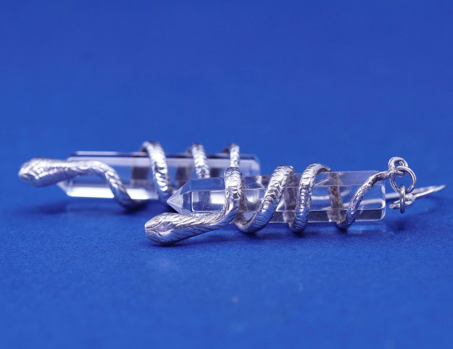 Vintage sterling 925 silver handmade earrings, clear healing crystal with snake