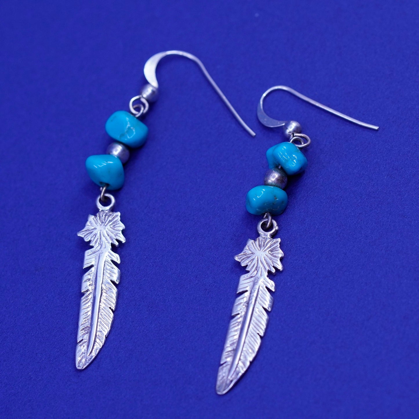 Vintage southwestern sterling 925 silver handmade earrings feathers turquoise