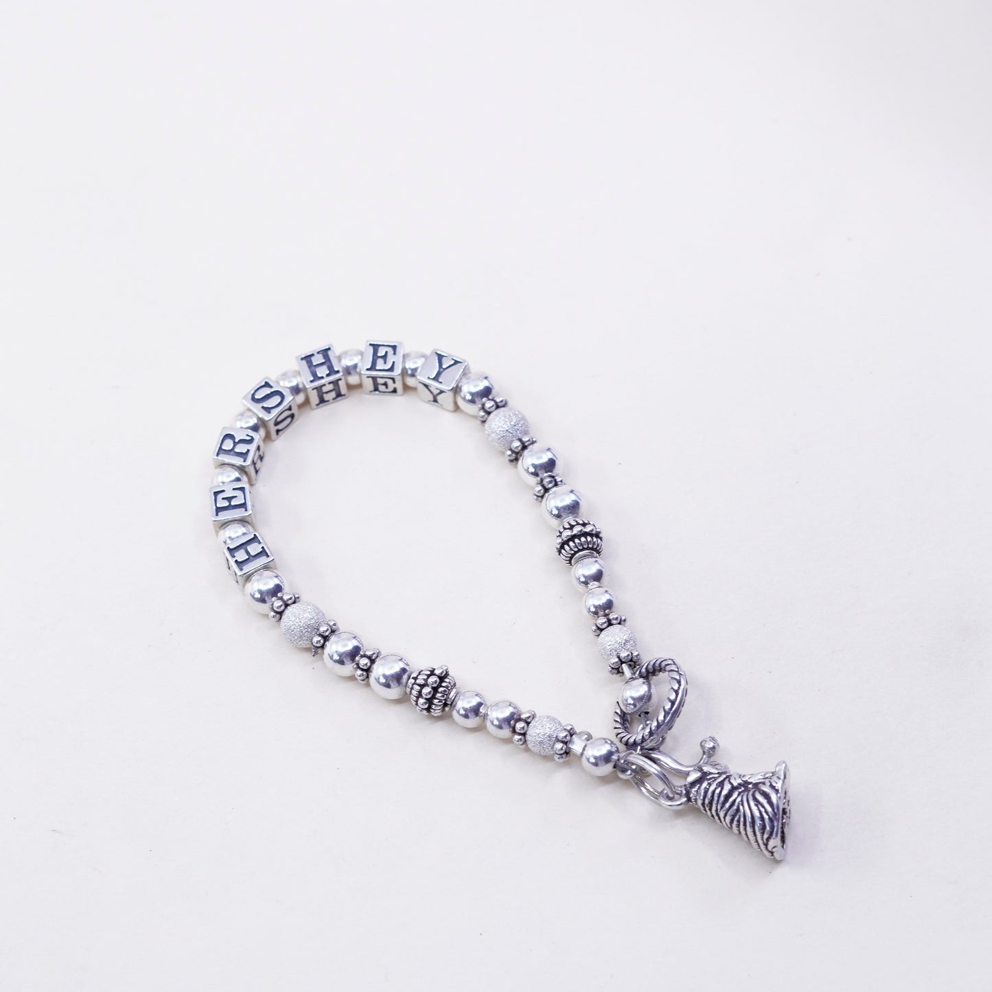 6.75”, Sterling 925 Silver filigree beads bracelet w/ “Hershey” dog sharpie