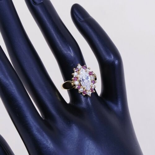 Sz 6, vermeil, gold over Sterling Silver Ring W/ ruby N Cz Around, stamped 925