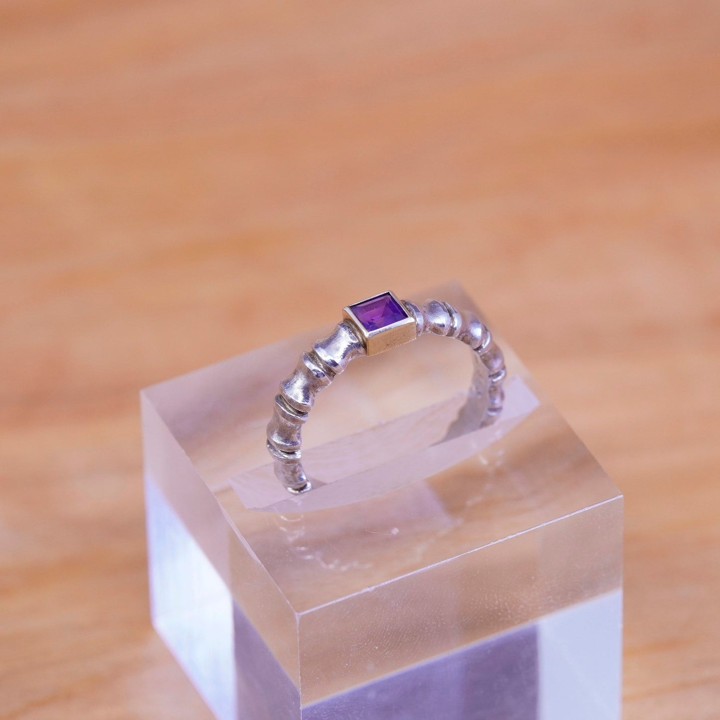 Size 7, AGAU 14K yellow gold Sterling silver ring, 925 bamboo band w/ amethyst