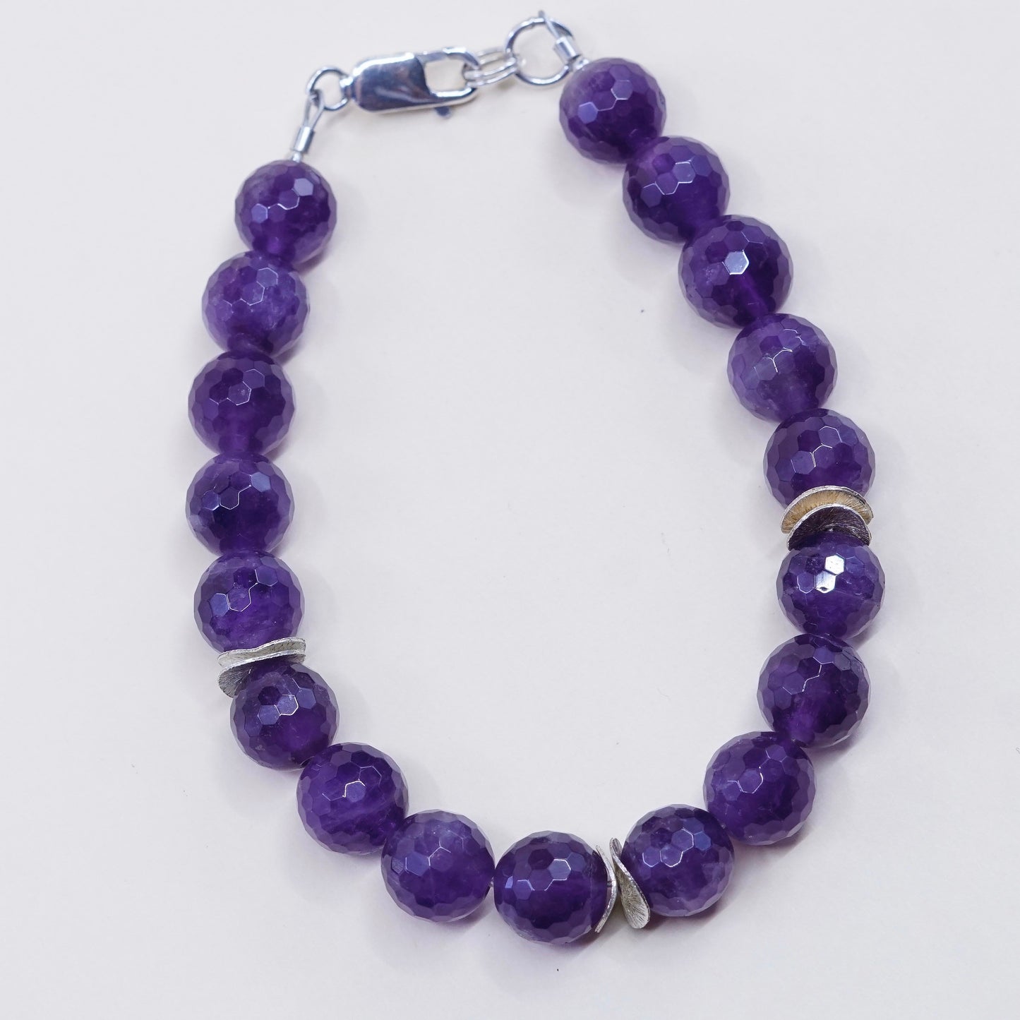 7.5” Vintage Sterling 925 silver handmade bracelet, natural amethyst beads