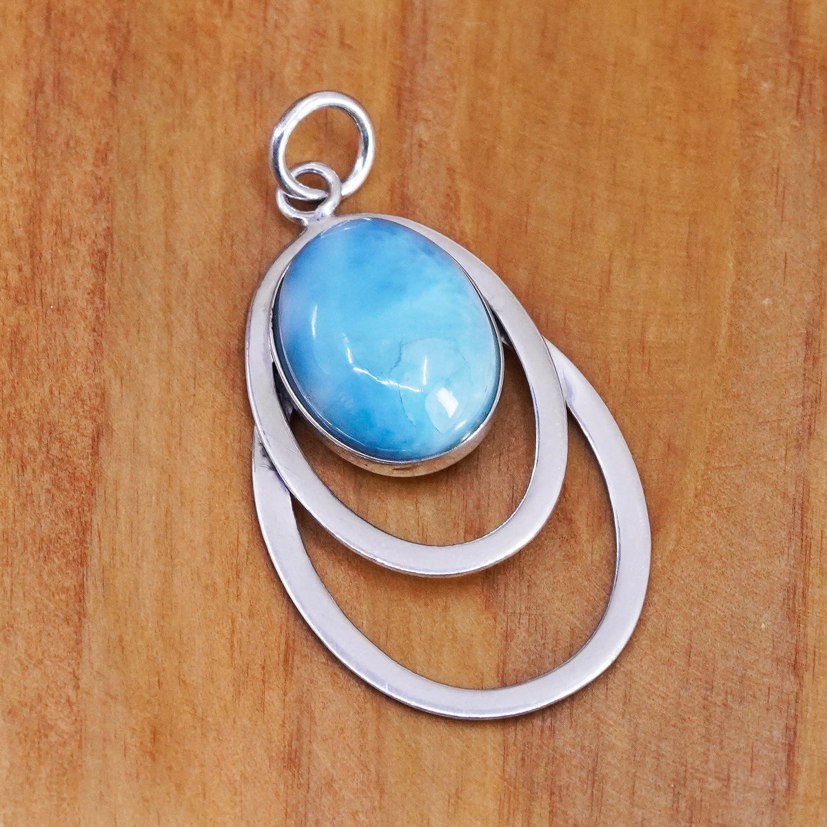 Vintage Sterling silver handmade pendant, 925 double circle with oval Larimar