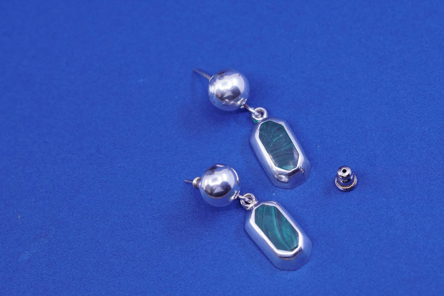 Vintage mexico sterling silver handmade earrings, 925 dangles with malachite