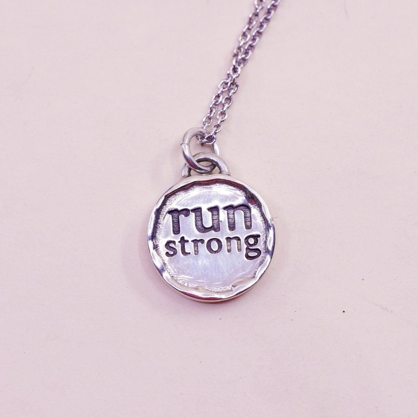 18”, sterling silver necklace, 925 circle chain runner run strong tag pendant