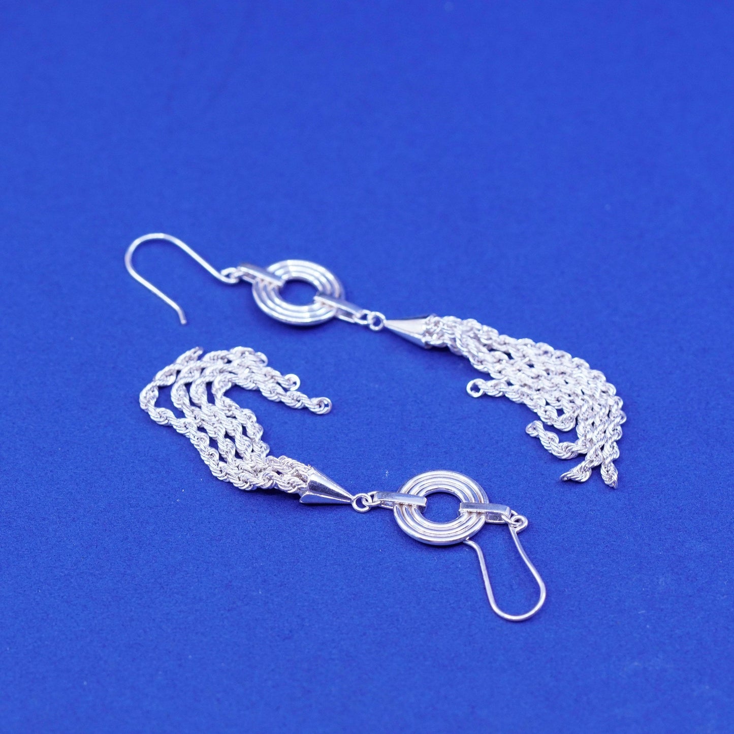 Vintage Peru 925 silver handmade earrings with rope chain fringe