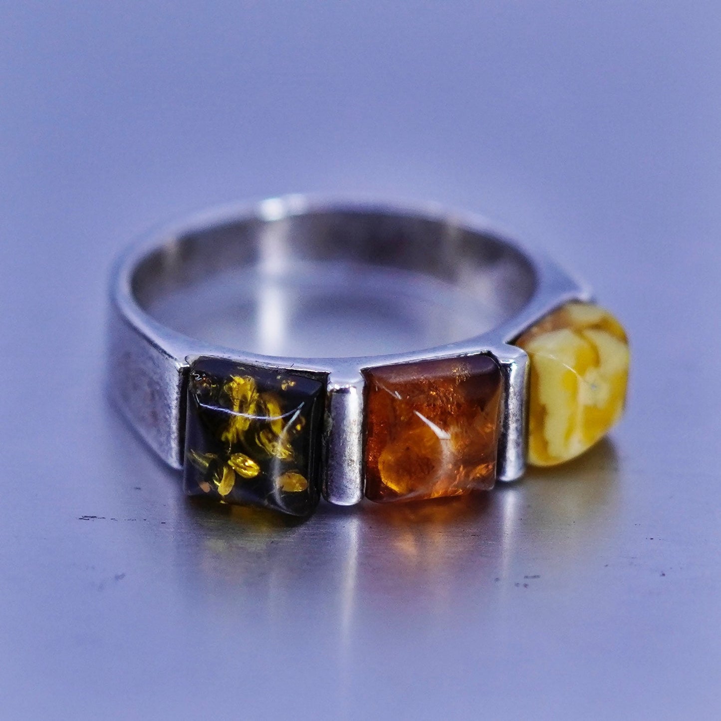 Size 8.25, vintage Sterling 925 silver handmade band ring with Amber