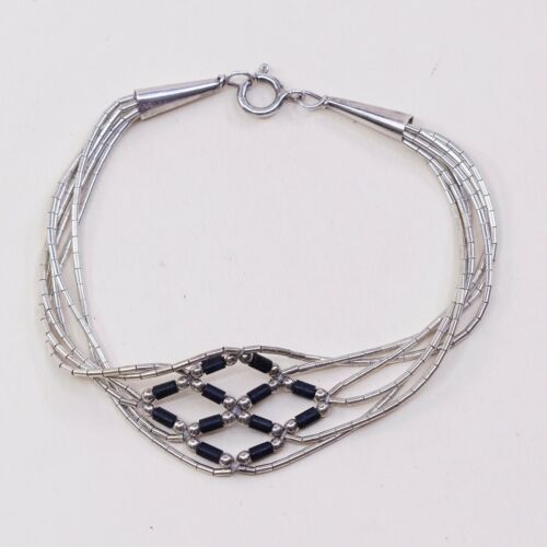 7”, Vtg Sterling Silver Handmade Bracelet, 925 Liquid Bracelet W/ Obsidian