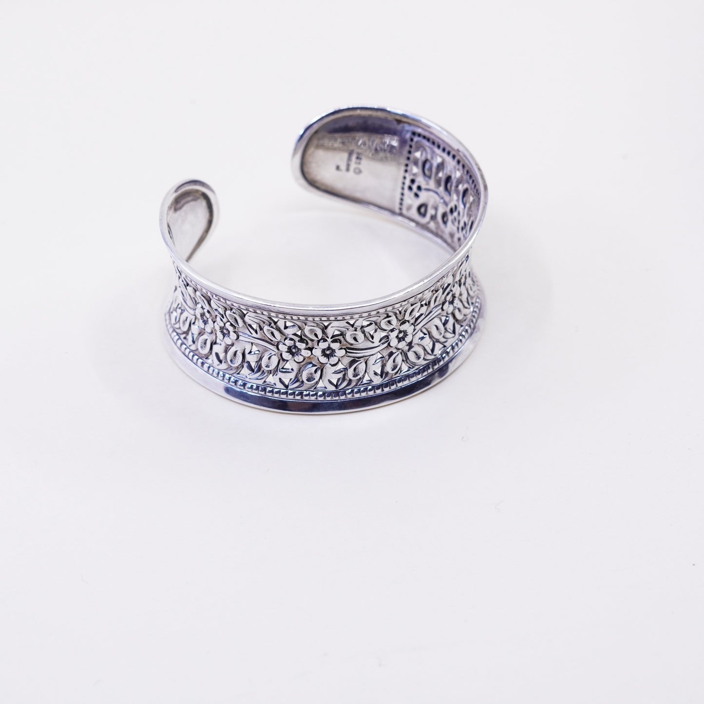 6.5”, sterling silver handmade bracelet, wide 925 cuff with filigree flower