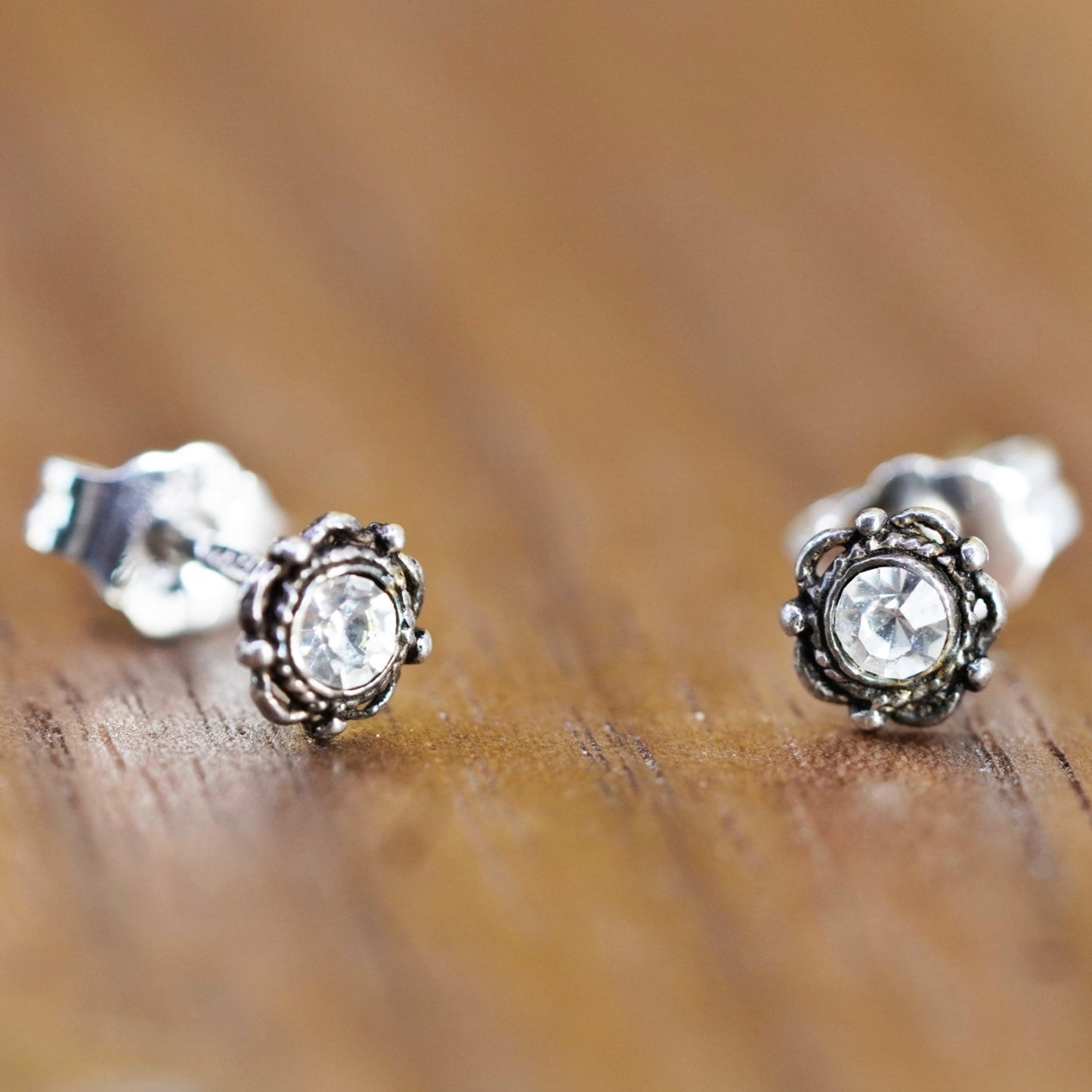 Vintage Sterling 925 silver clear cz studs, floral earrings