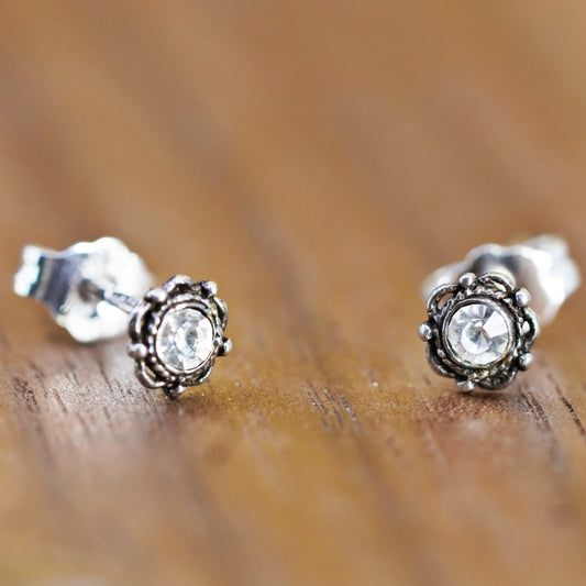 Vintage Sterling 925 silver clear cz studs, floral earrings