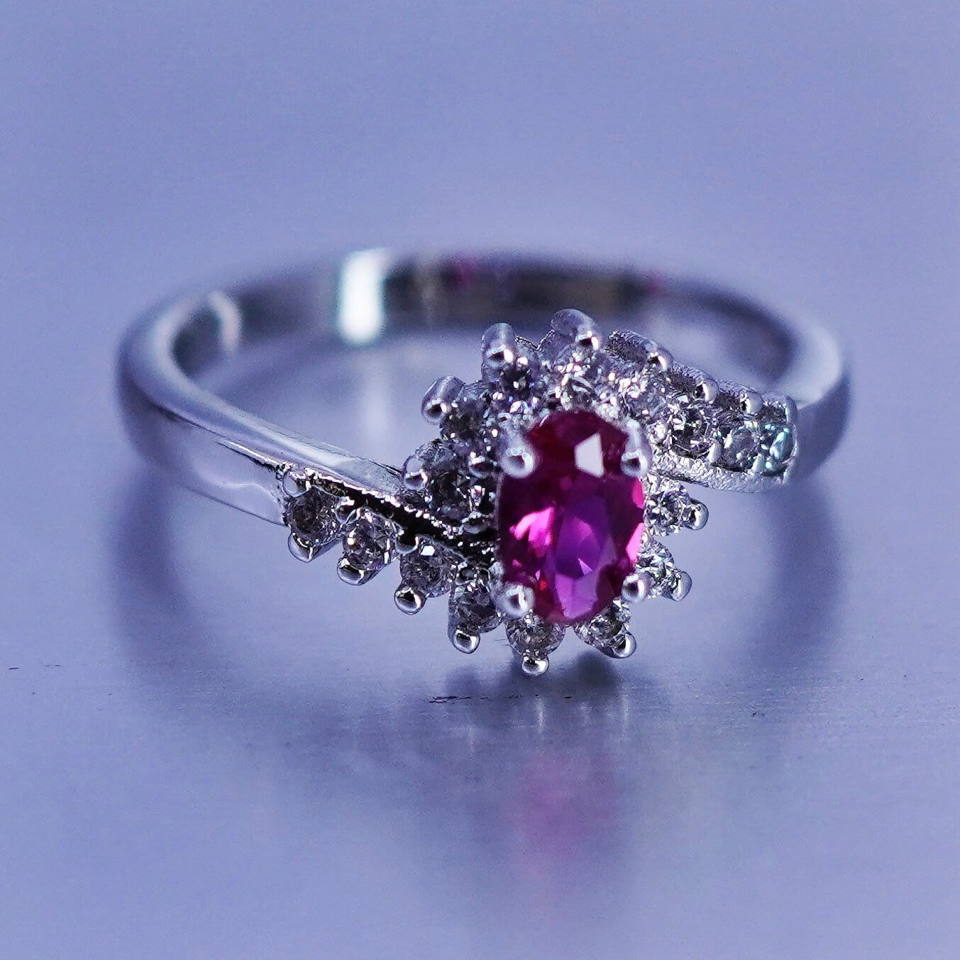 Size 6.25, vintage Sterling 925 silver handmade ring with ruby and cz around