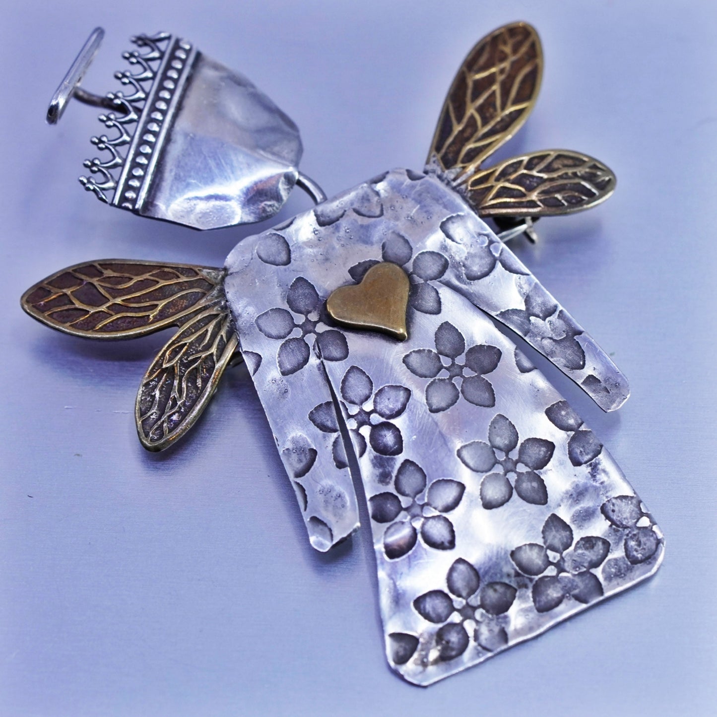 Rita Native American Sterling 925 silver handmade Angel brooch pin copper heart