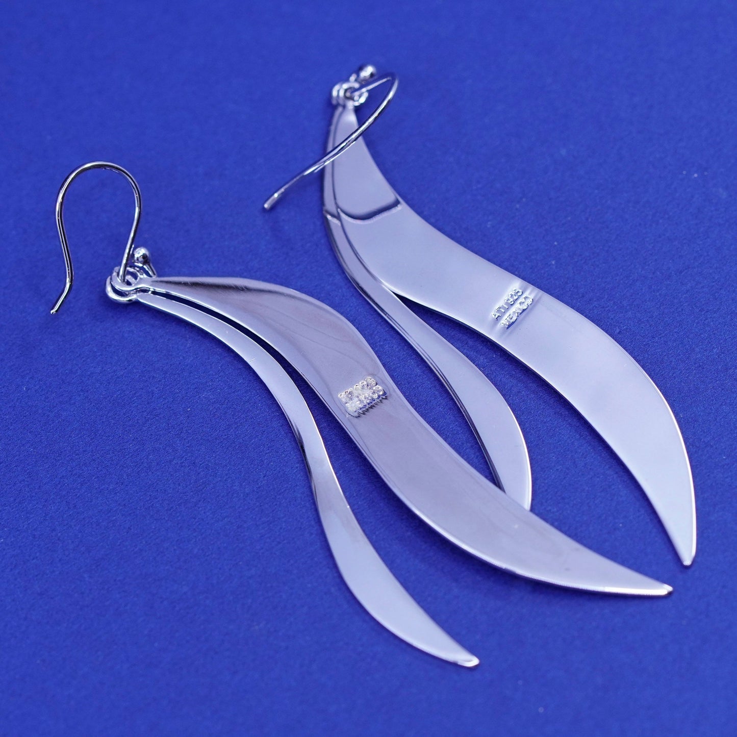 Vtg MWS modern Sterling 925 silver handmade earrings wavy dangles