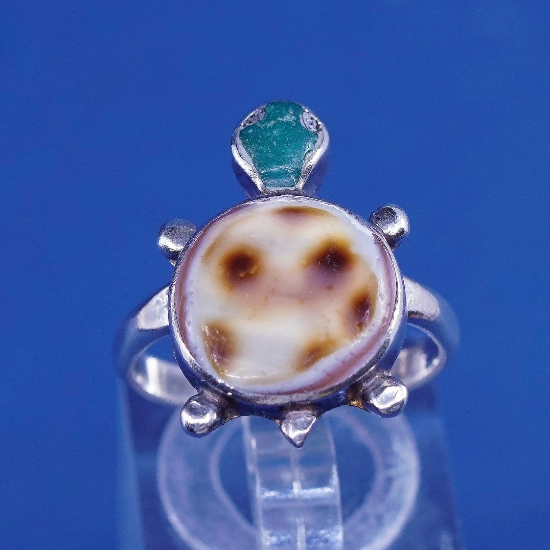 sz 7.25, Native American Sterling silver handmade ring, 925 turtle w/ turquoise