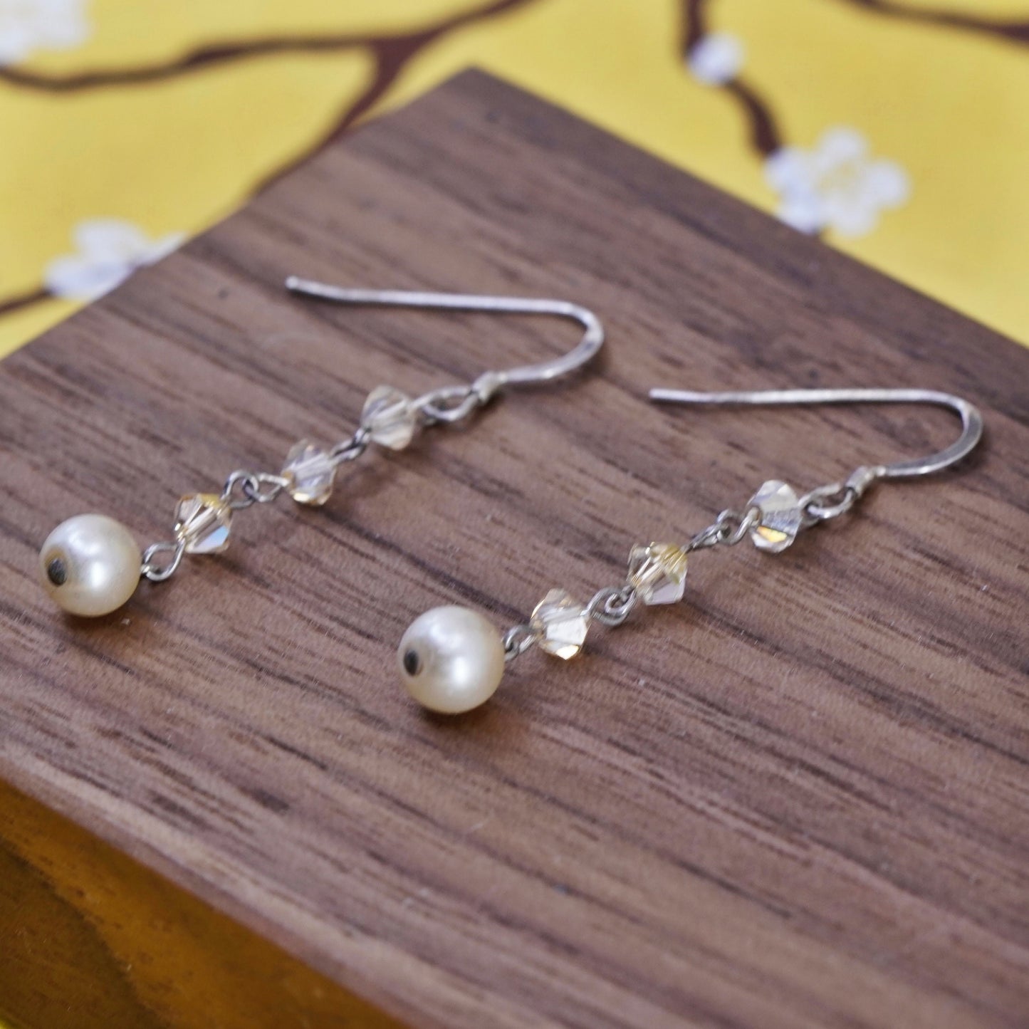 Vintage Sterling 925 silver handmade earrings with orange crystal and pearl